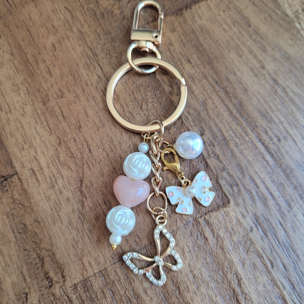 New Elegant Gold Tone and Pink Charm Keychain